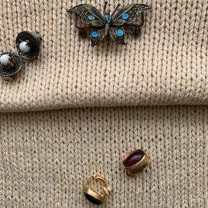 2 earrings and a silver pin